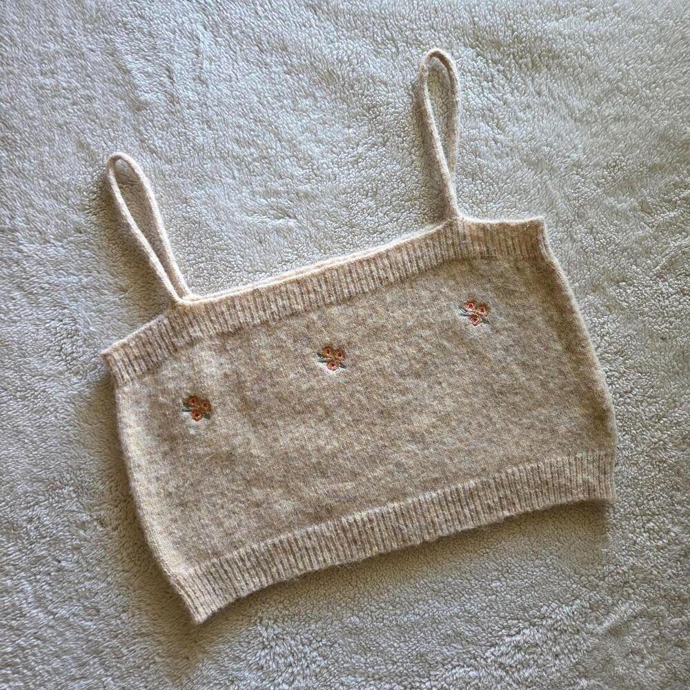 Listicle Coquette Beige Fuzzy Knit Embroidered Floral Cami Crop Top size S